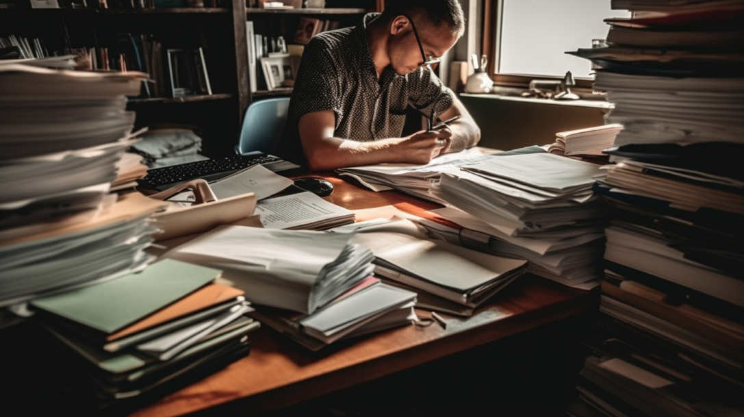 Illustration of a person working on a loan application form at a desk surrounded by paperwork, showcasing the process of applying for a personal loan despite bad credit.