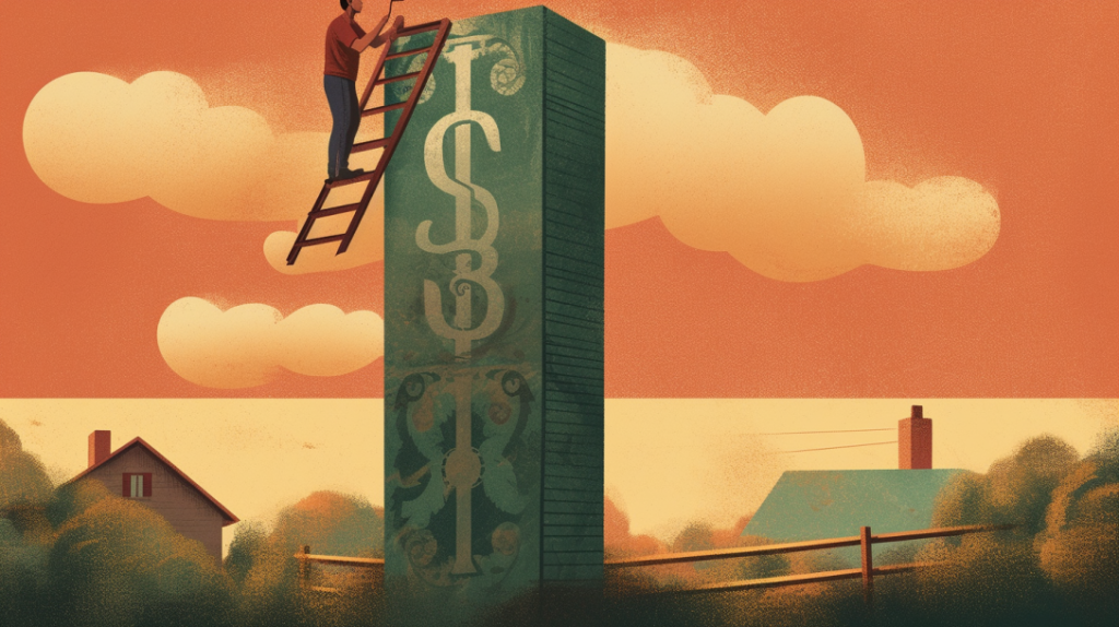Imaginative illustration of a person standing on a ladder, reaching for a giant dollar sign, highlighting the determination and effort needed to secure a personal loan despite challenges related to bad credit.