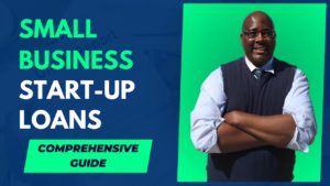 Alt Text: "Houston Mcmiller, a renowned business credit specialist, standing confidently in a professional suit next to the title of the blogpost, 'Small Business Start-Up Loans Guide', representing his expertise in the field.