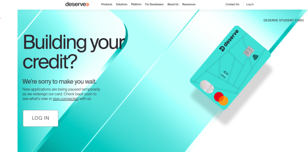 Deserve EDU Mastercard website screenshot highlighting the benefits of the card - key option in the list of personal charge cards with no credit check