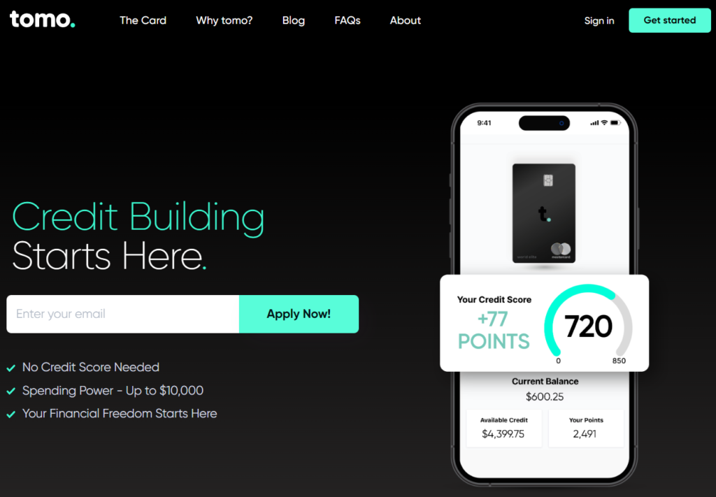 Screenshot of Tomo Credit Card website, highlighting features and benefits for users