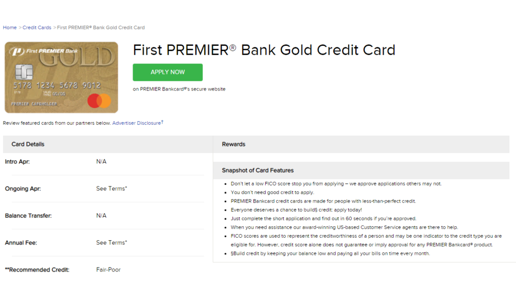 First PREMIER Bank Gold Credit Card website - Apply for the exclusive gold credit card offered by First PREMIER Bank.