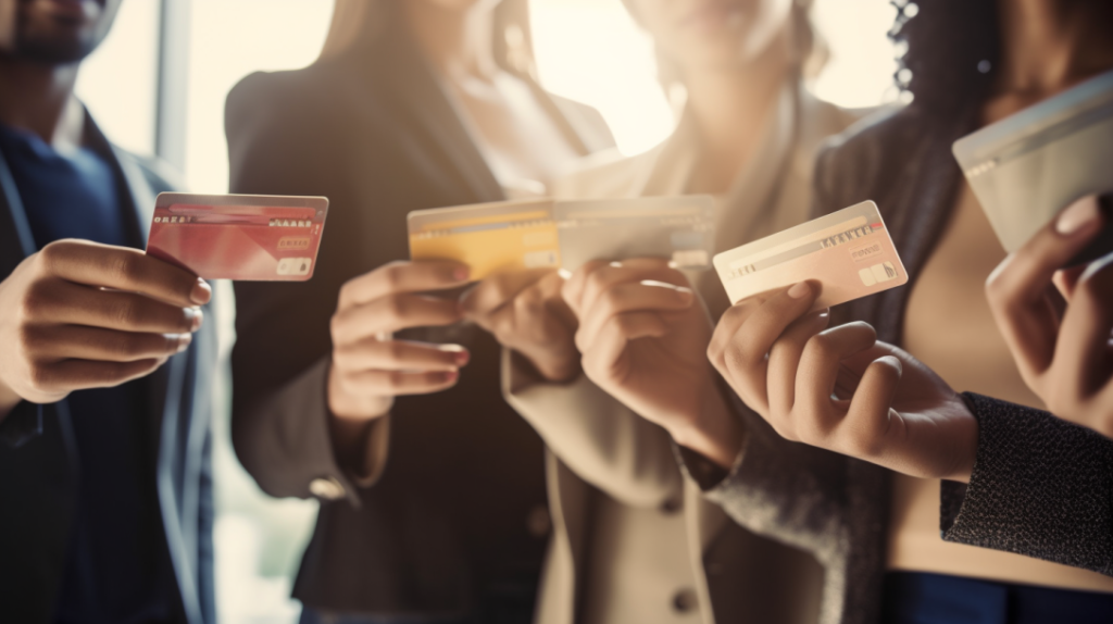 A diverse group of authorized users holding business credit cards, symbolizing the collaborative effort in building credit history for the business, emphasizing the importance of responsible credit management and teamwork.