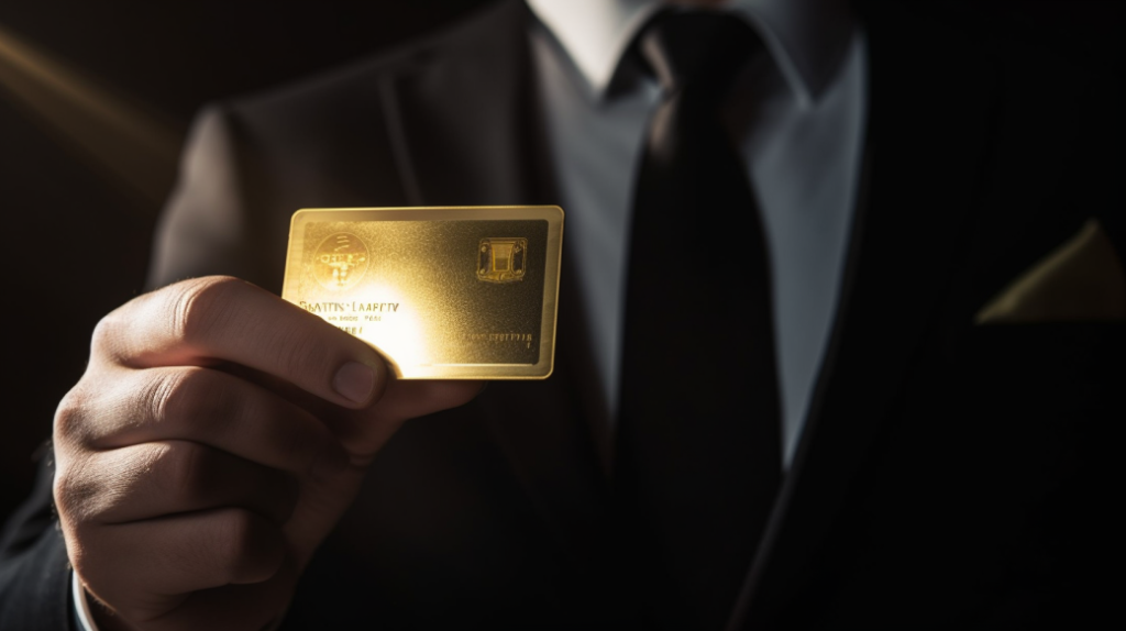 Illustration of a person holding a credit card with a golden emblem, representing financial power and rewards.