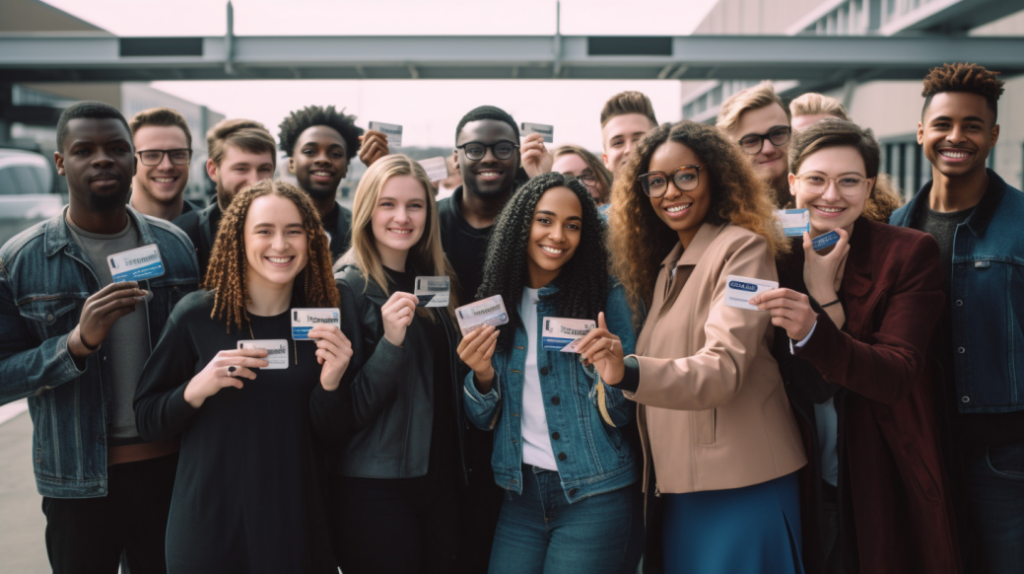 Image featuring a diverse group of individuals happily holding General Motors credit cards, symbolizing the versatility and rewards of the cards, with a backdrop of different car models.
