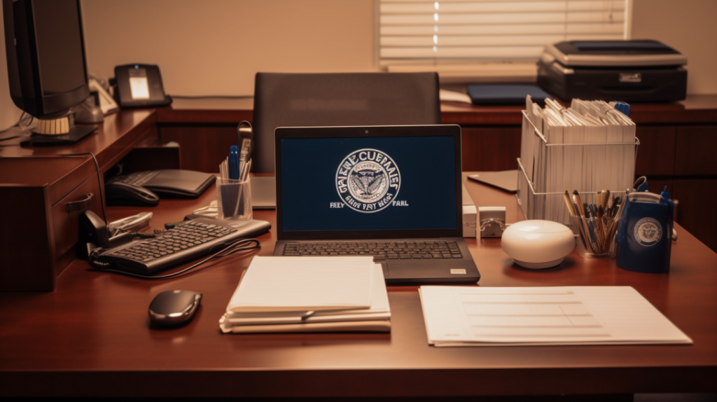 Image of a tidy desk setup with essential business tools, including a laptop, business documents, and a prominent Navy Federal Credit Union logo, representing efficient business management.