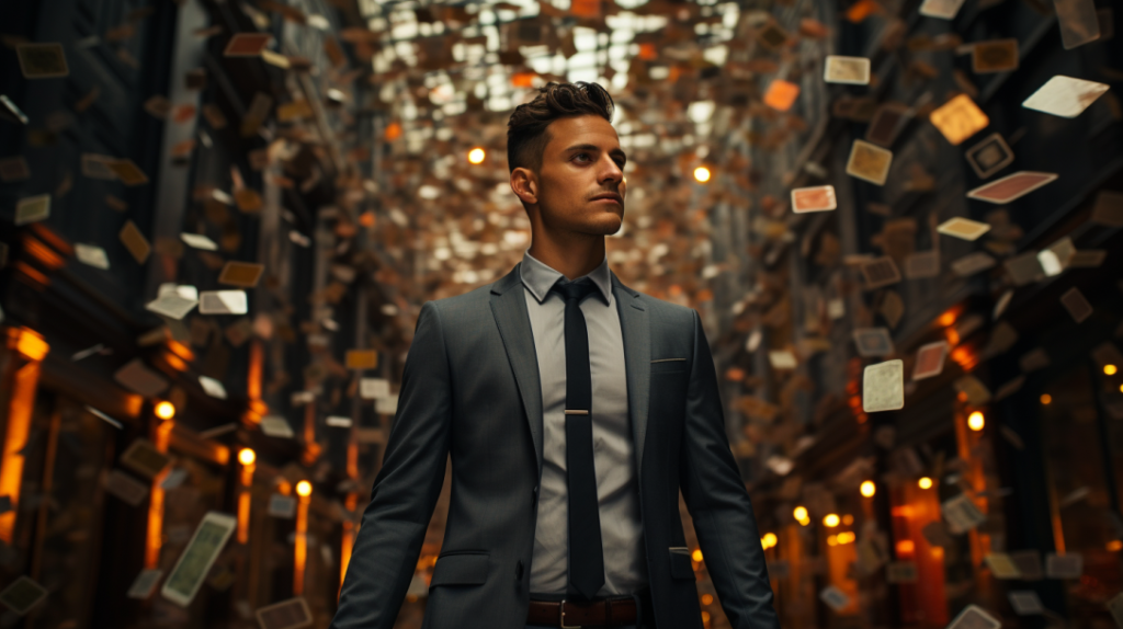onfident entrepreneur in a suit, standing in front of a towering building made of credit cards, symbolizing their success in mastering the art of building business credit.