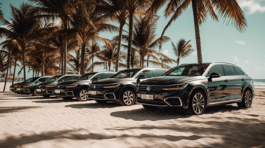 Explore the allure of a luxurious Turo car rental business with a stunning fleet of vehicles parked on a picturesque beachfront, evoking a sense of relaxation and vacation vibes.