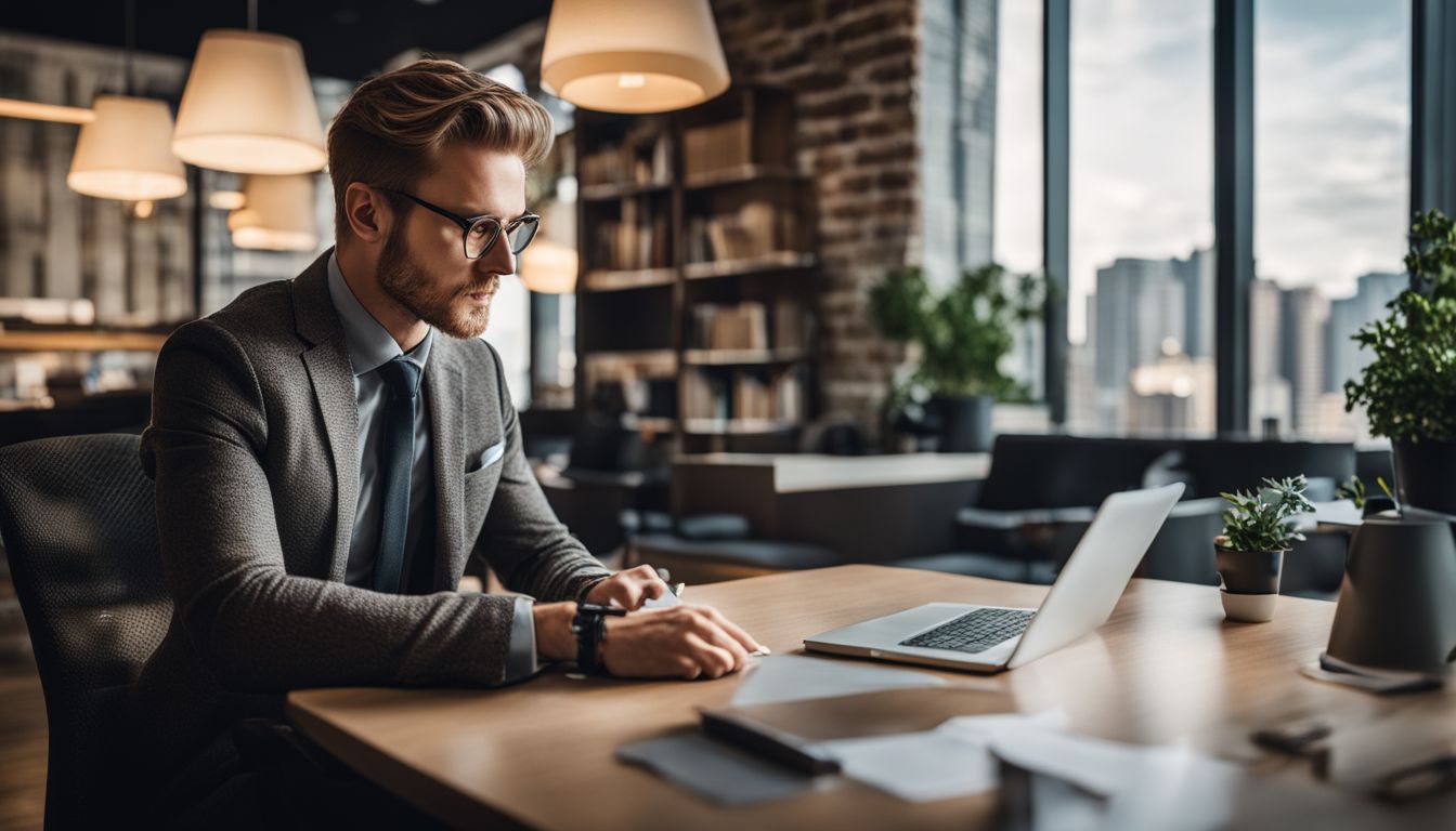 A young professional paying bills at a desk in a city.