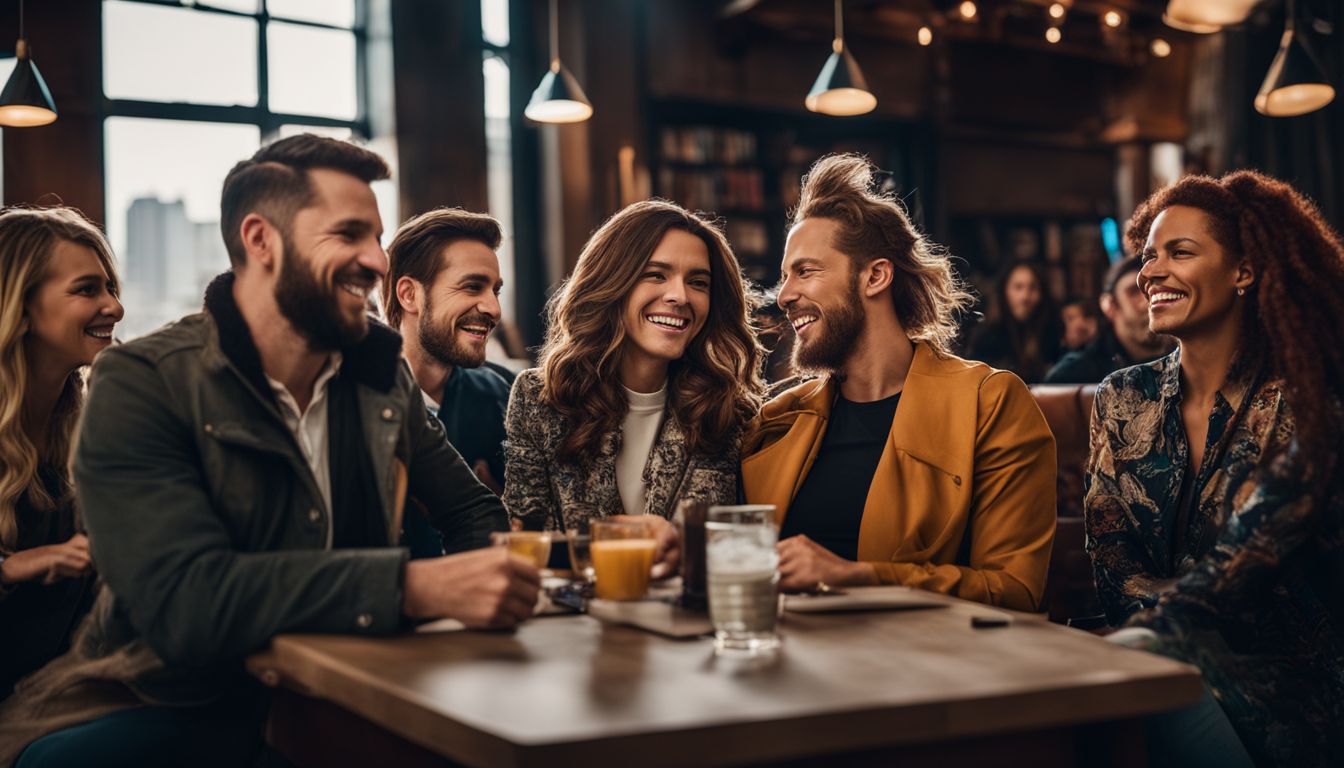 A diverse group of individuals smiling while managing bills in a city.